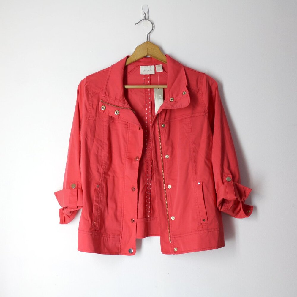 Chico's Luxe Twill Utility Jacket Malibu Punch zip snap front closure 0 4 S New